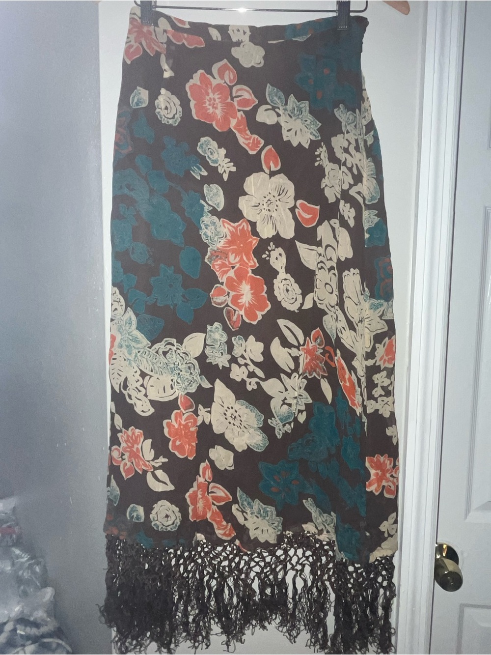 Splash Woman Floral Fringe Hem Skirt Size 16 Brown Teal Orange Boho Midi Pull On - Picture 3 of 8